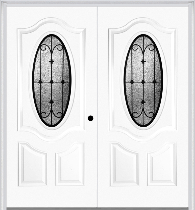 MMI TWIN/DOUBLE SMALL OVAL 2 PANEL DELUXE 6'8" FIBERGLASS SMOOTH CHATEAU WROUGHT IRON DECORATIVE GLASS EXTERIOR PREHUNG DOOR 749